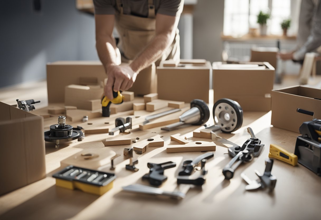 A person follows step-by-step instructions to assemble Ikea furniture in a well-lit room with tools and parts spread out on the floor