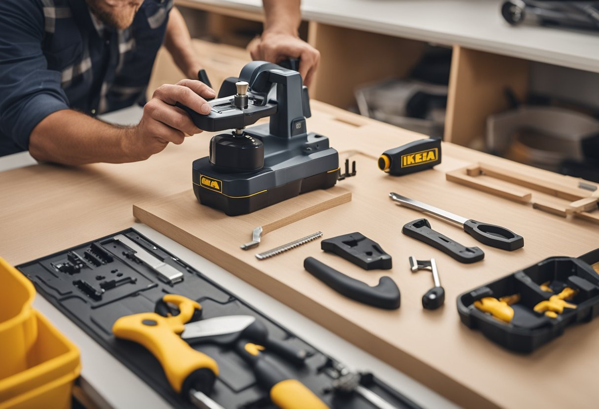 A technician assembles IKEA furniture in a well-lit room using tools and instruction manual