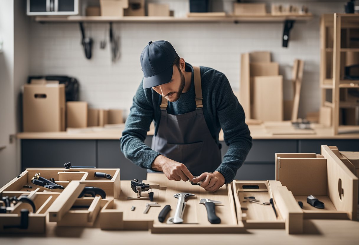 A person assembling IKEA furniture with tools and instructions nearby