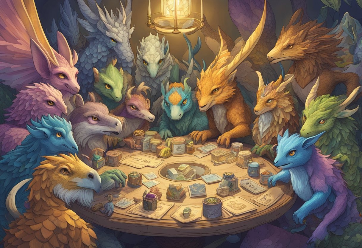 A colorful array of fantasy creatures gather around a table, each holding a unique name tag