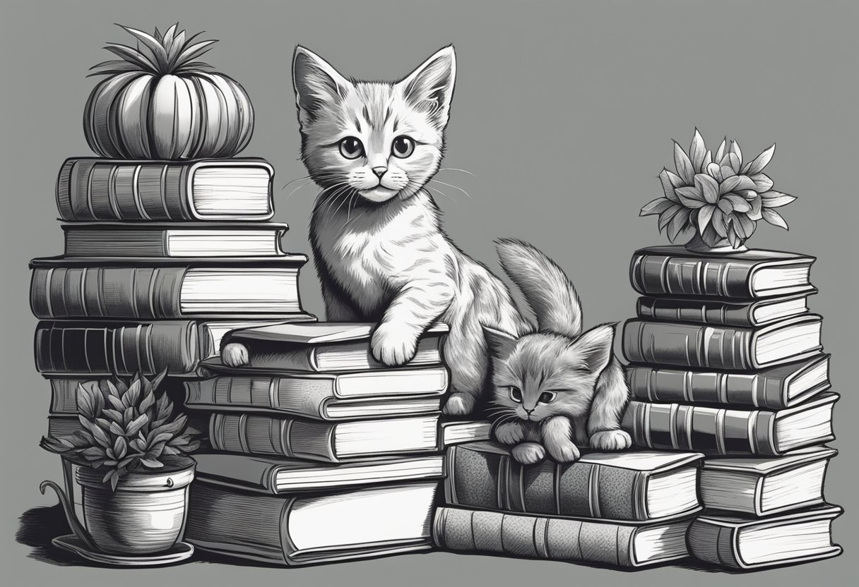 A playful kitten named Pepper sits beside a stack of books with "Double Trouble" and "Sunny Bunny" on the spines