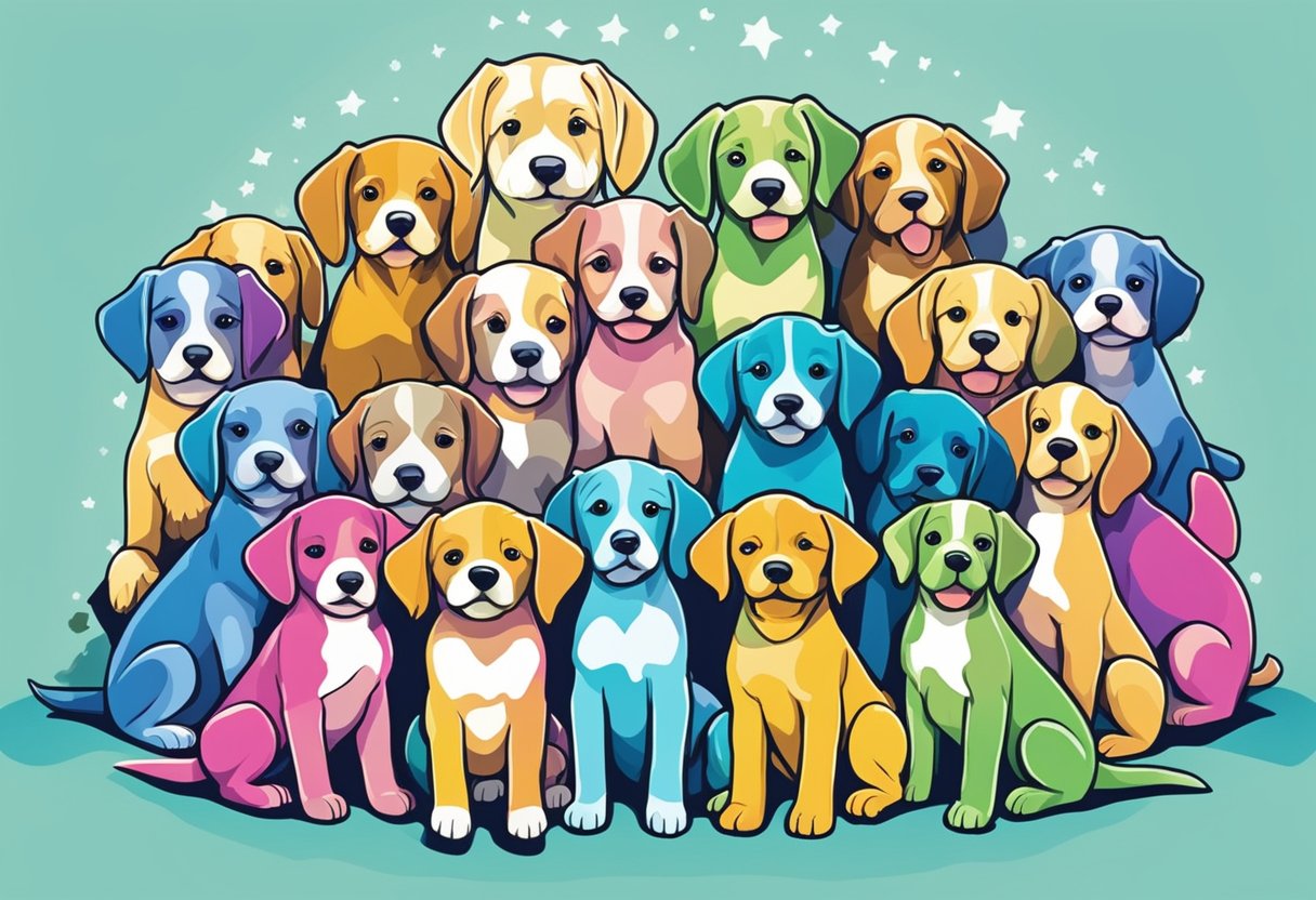 A group of playful puppies surrounded by colorful baby name tags