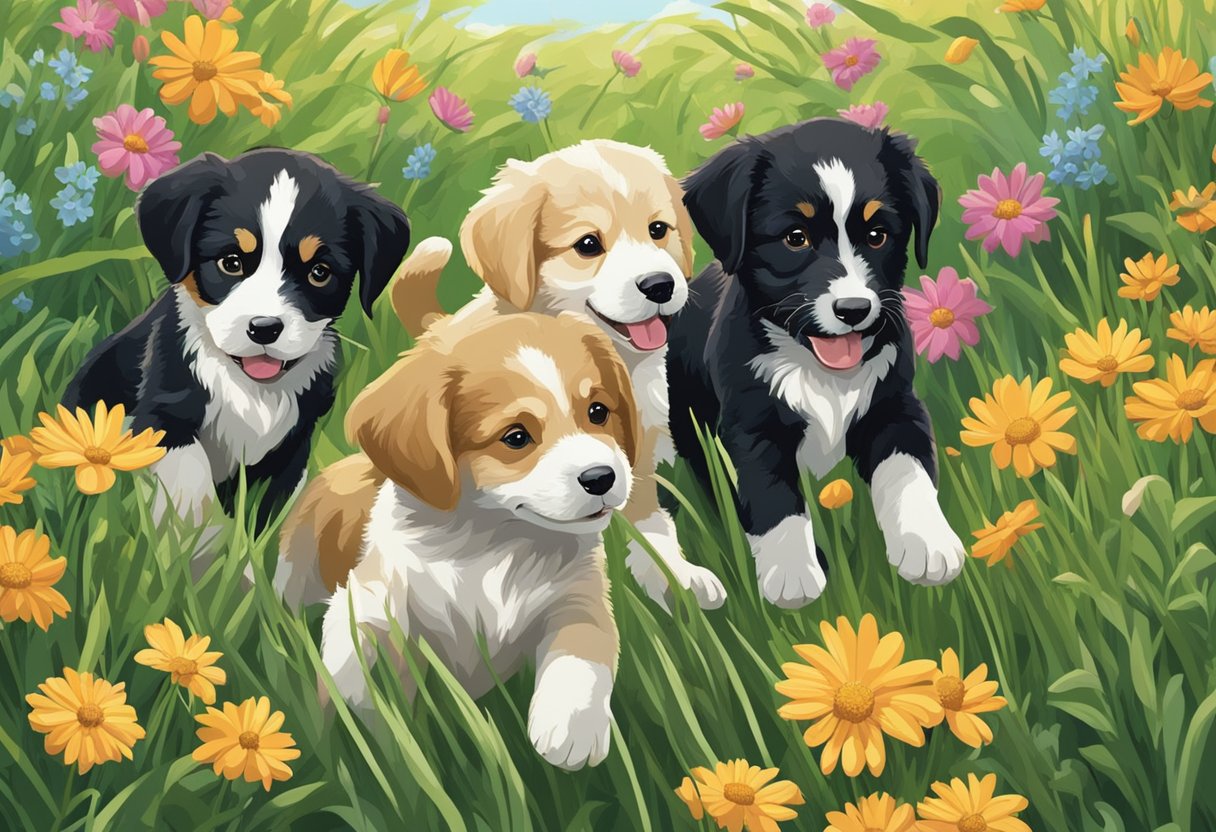 A group of playful puppies frolic in a field, surrounded by colorful flowers and tall grass. Their tails wag as they chase each other, bringing joy to the scene