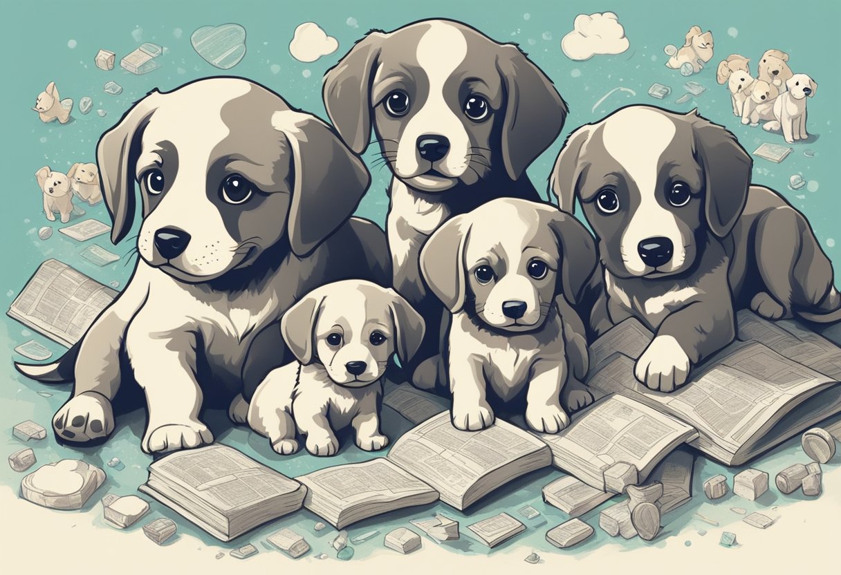 A litter of playful puppies surround a list of baby names, while a dog looks on with curiosity