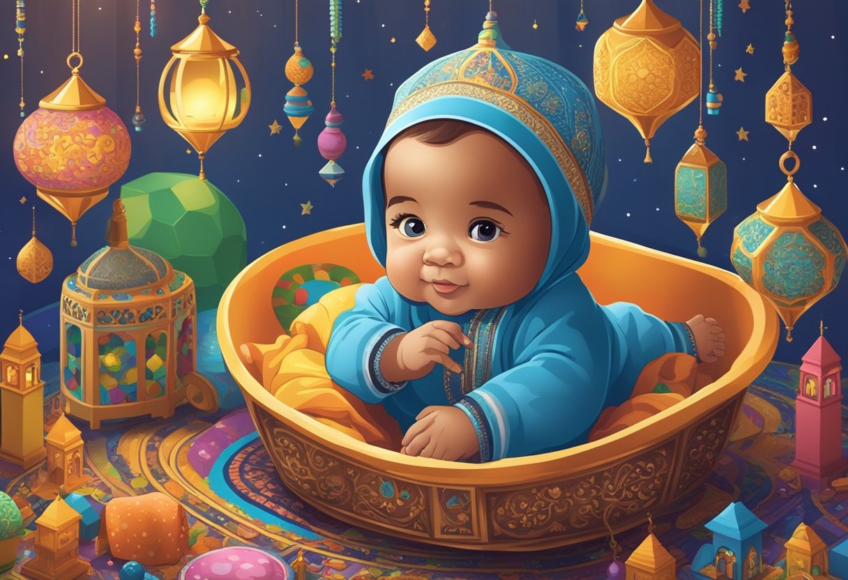 A Muslim baby boy with double names sits in a cradle, surrounded by colorful toys and Islamic-themed decorations