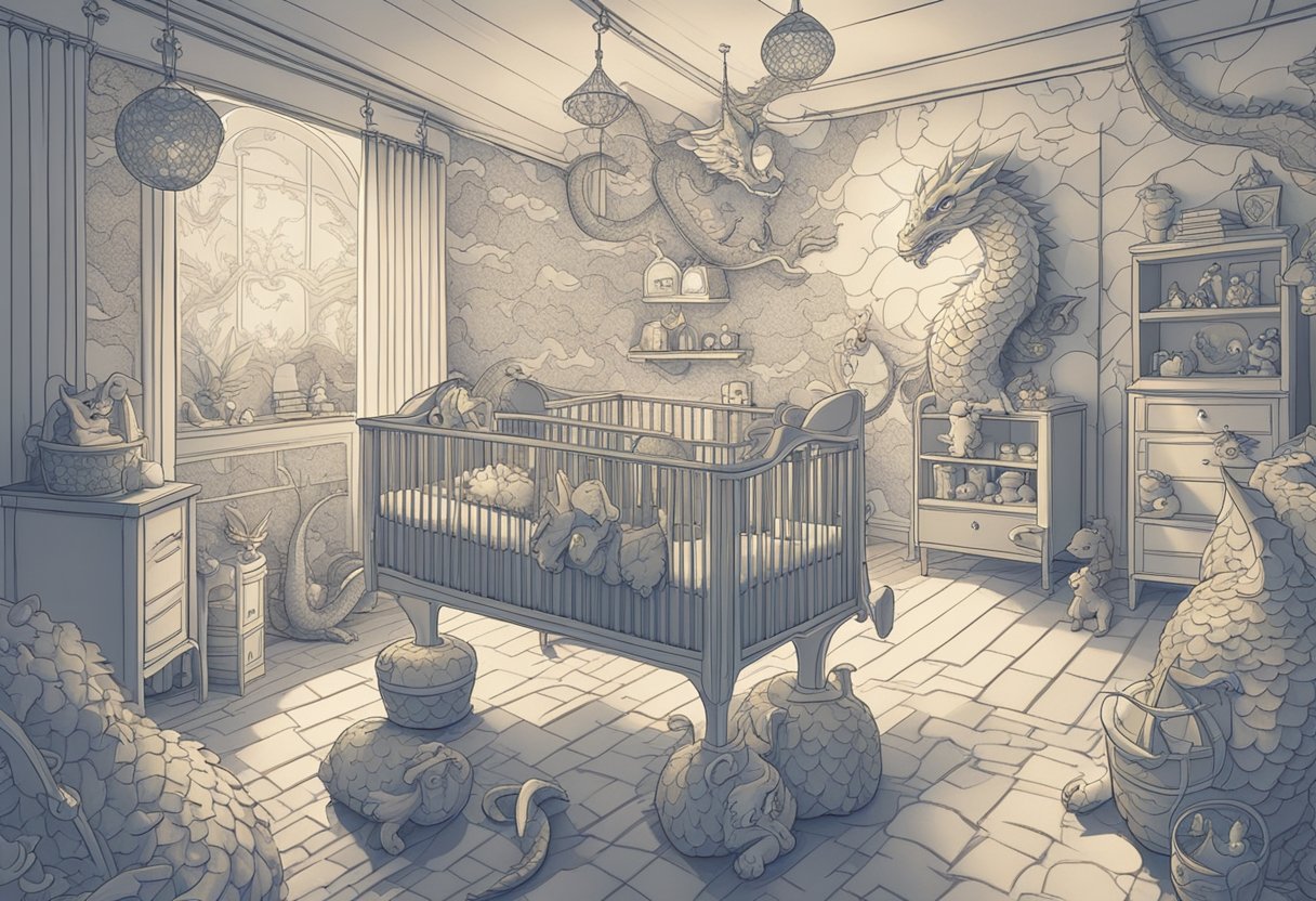 A dragon-themed nursery with dragon-shaped mobiles, dragon-patterned wallpaper, and dragon plush toys