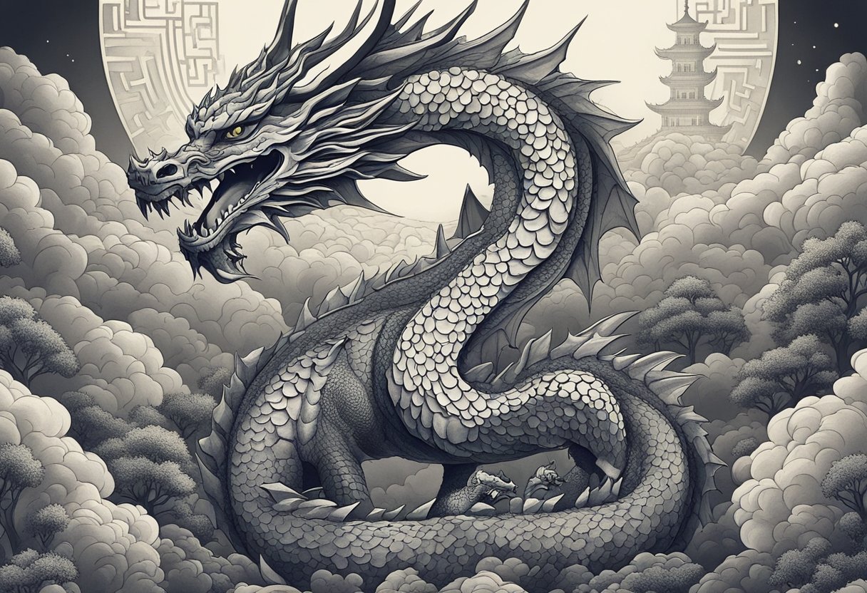 A dragon surrounded by Chinese symbols for strength and power