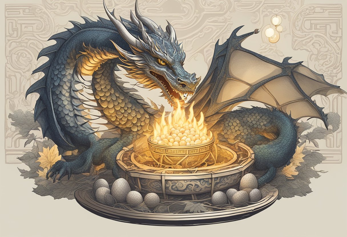 A dragon breathing fire over a nest of dragon eggs, surrounded by Chinese symbols and traditional decorations
