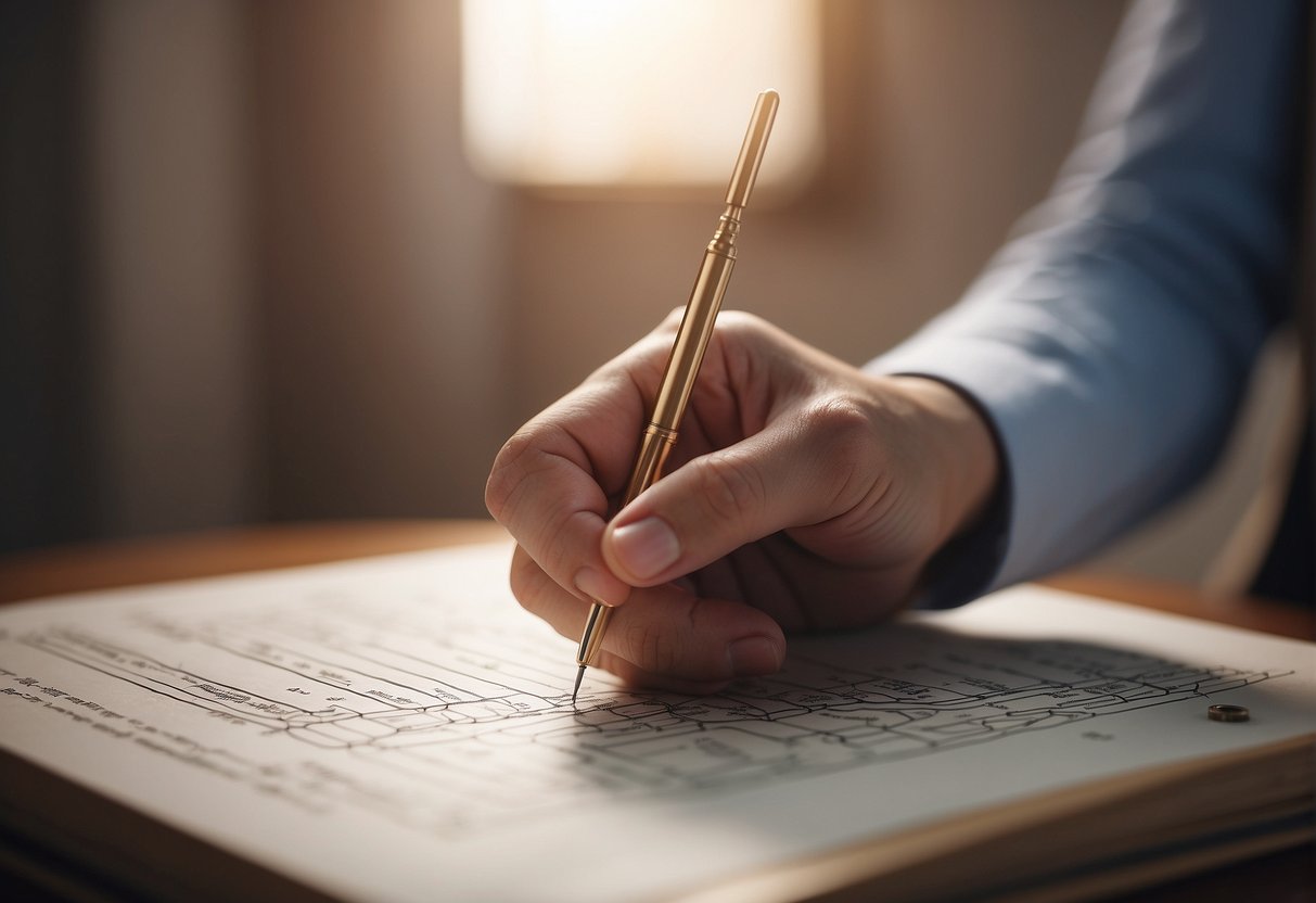 A hand holding an acupuncture pen, pressing it against a body model with meridian lines