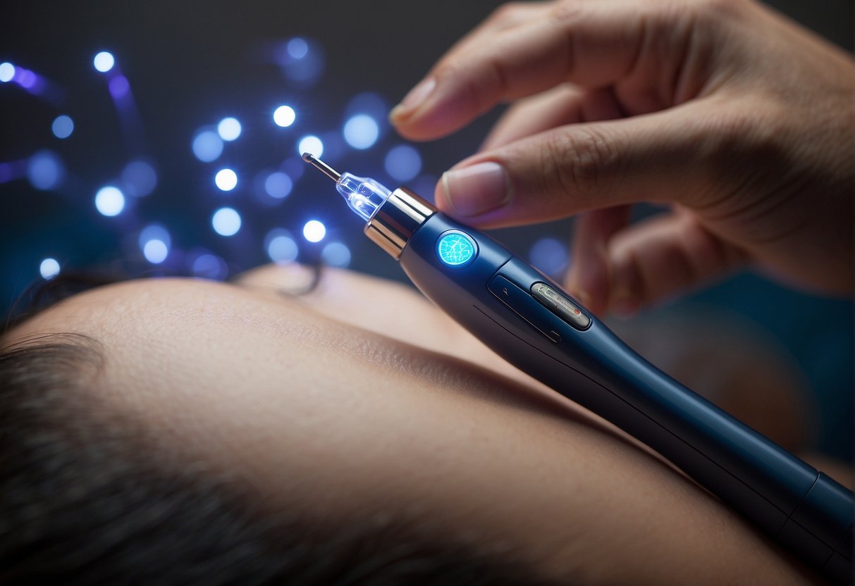 An acupuncture pen emits electronic pulses, targeting specific points on the body. The pen's tip glows blue as it gently touches the skin, releasing therapeutic energy