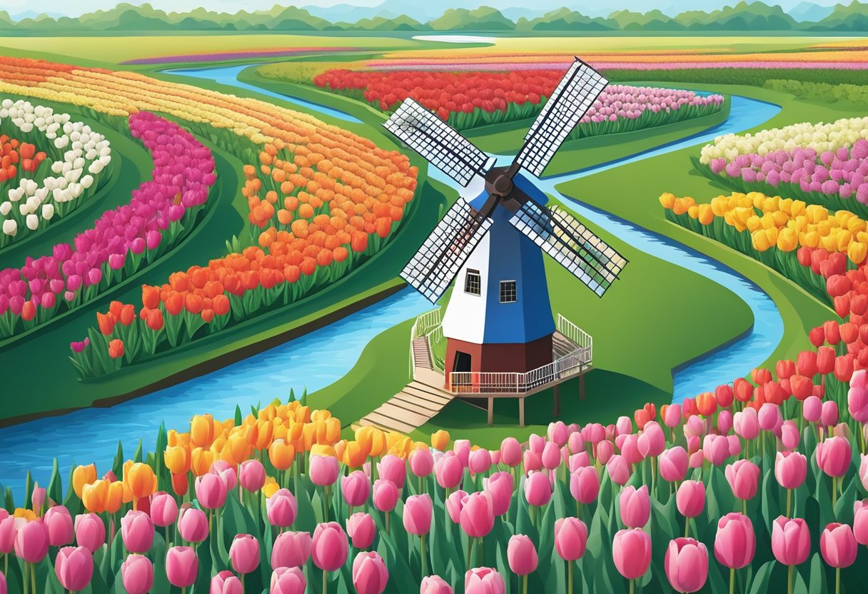 A quaint Dutch windmill overlooks a field of colorful tulips, while a serene canal winds through the picturesque landscape
