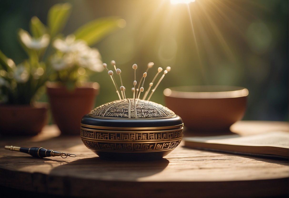 The acupuncture pen hovers above a serene setting, surrounded by symbols of balance and wellness. Rays of light illuminate the scene, creating a sense of calm and healing energy
