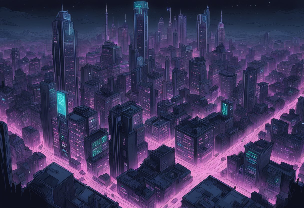 A dark, desolate cityscape with flickering neon signs displaying names like "Chaos" and "Ruin." The atmosphere is foreboding and bleak, with a sense of hopelessness lingering in the air