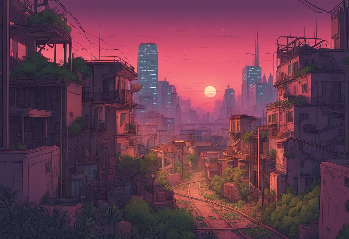 A desolate cityscape with crumbling buildings and overgrown vegetation, a red sky filled with smog, and neon signs flickering in the distance