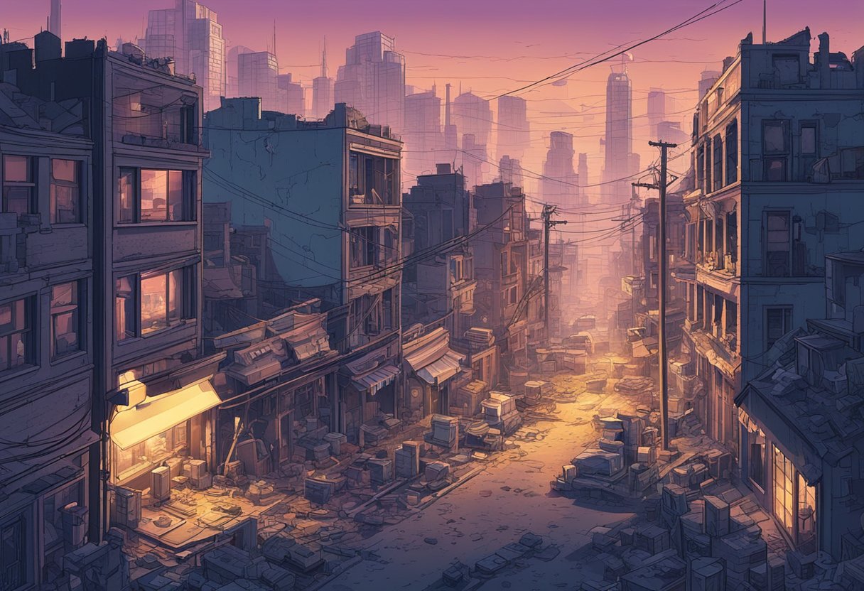 A desolate cityscape with crumbling buildings and flickering neon signs, surrounded by a toxic haze and littered with abandoned objects
