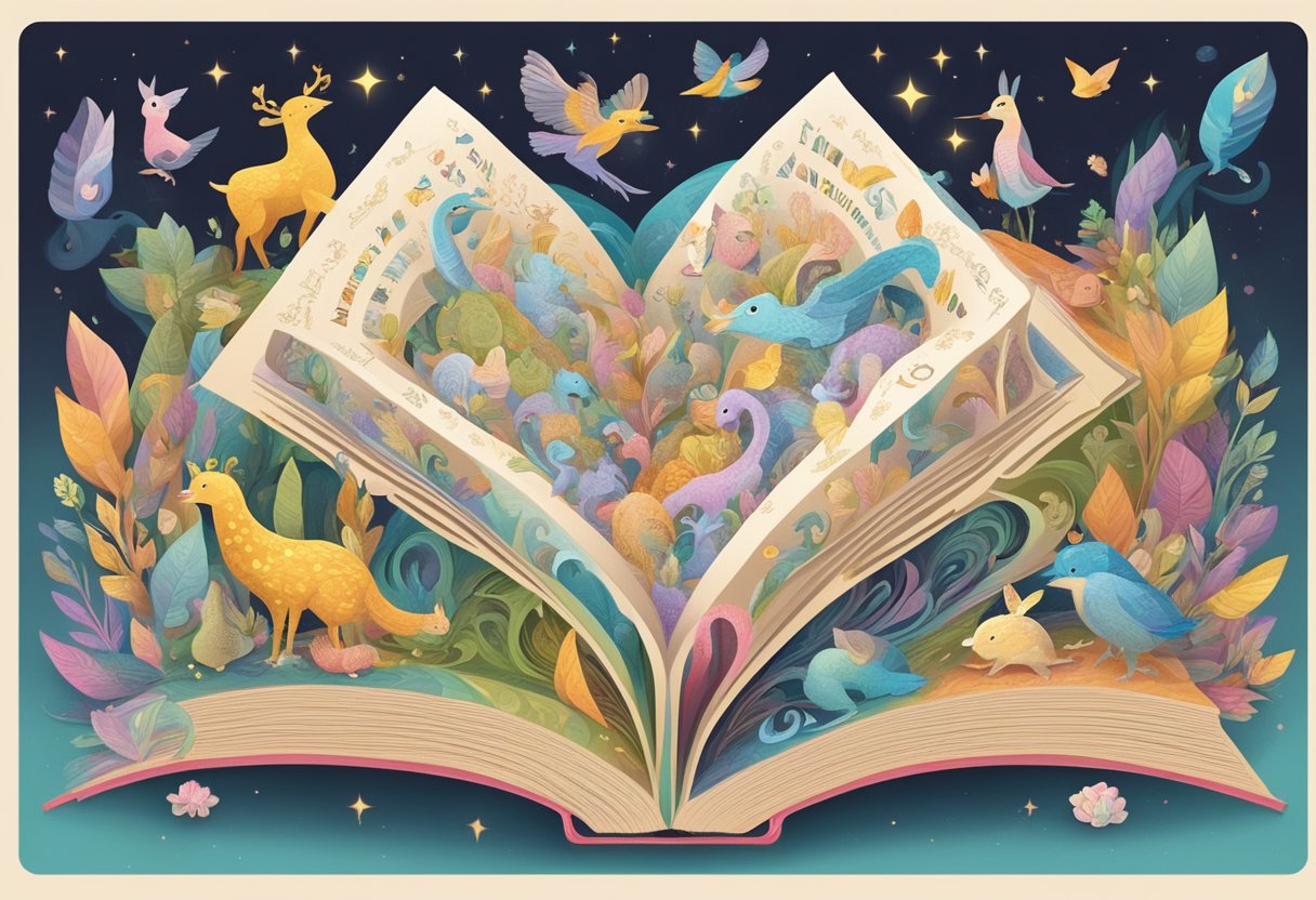 A colorful array of baby names swirl around a mystical book, with whimsical creatures peeking out from the pages