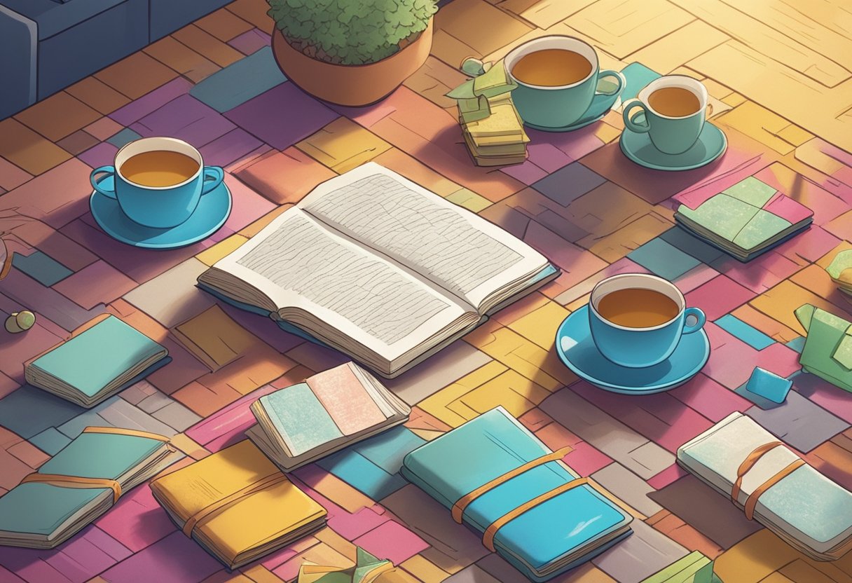 Colorful baby name books scattered on a cozy rug with a cup of tea