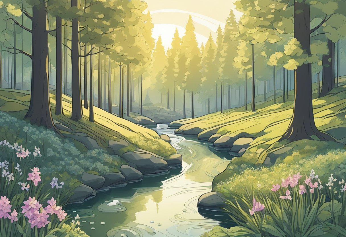 A serene forest clearing with soft sunlight filtering through the trees, surrounded by gentle wildflowers and a bubbling stream