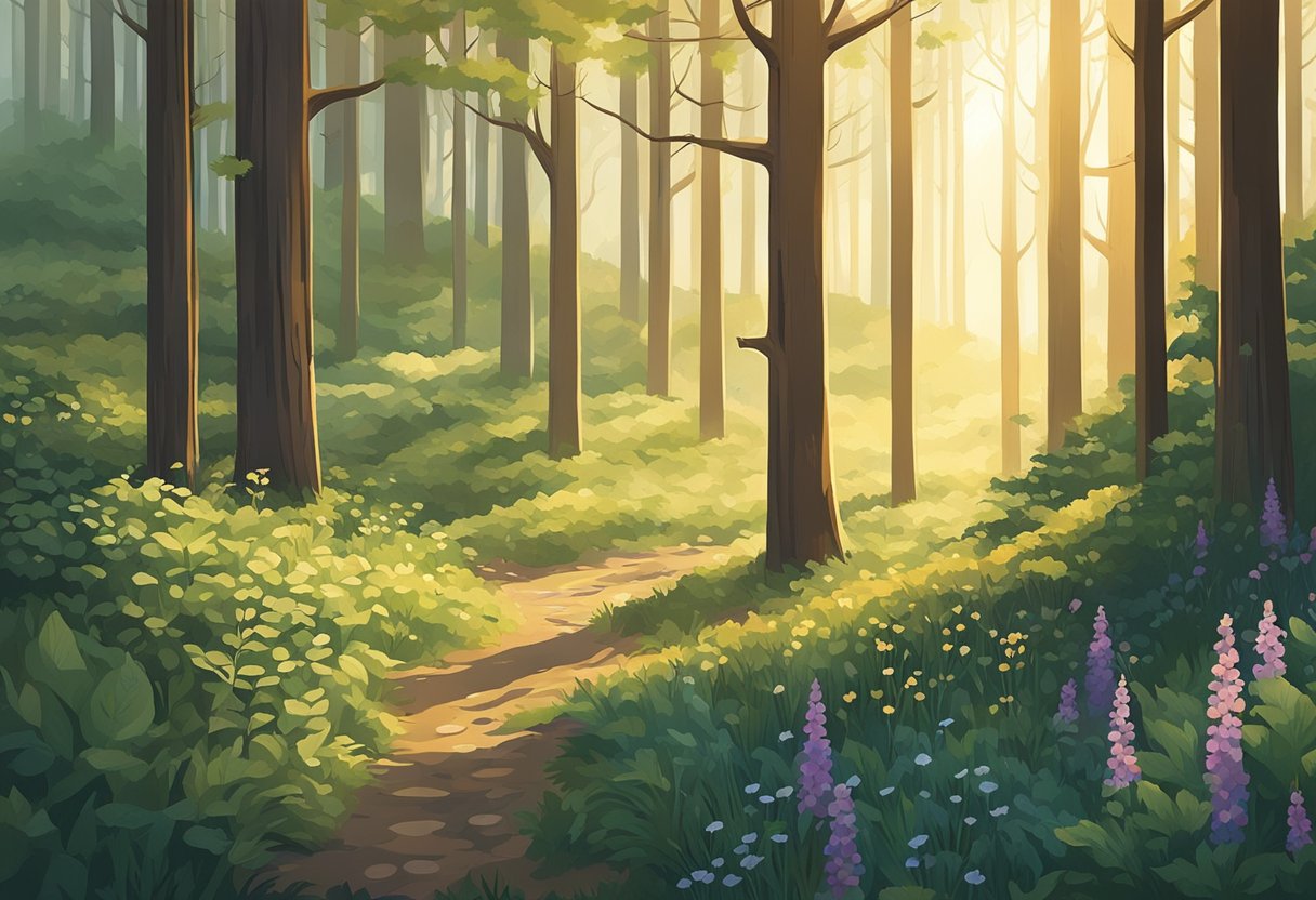 A serene forest clearing with a gentle breeze, surrounded by vibrant wildflowers and tall, sturdy trees. The sunlight filters through the leaves, casting a warm glow on the earthy ground below