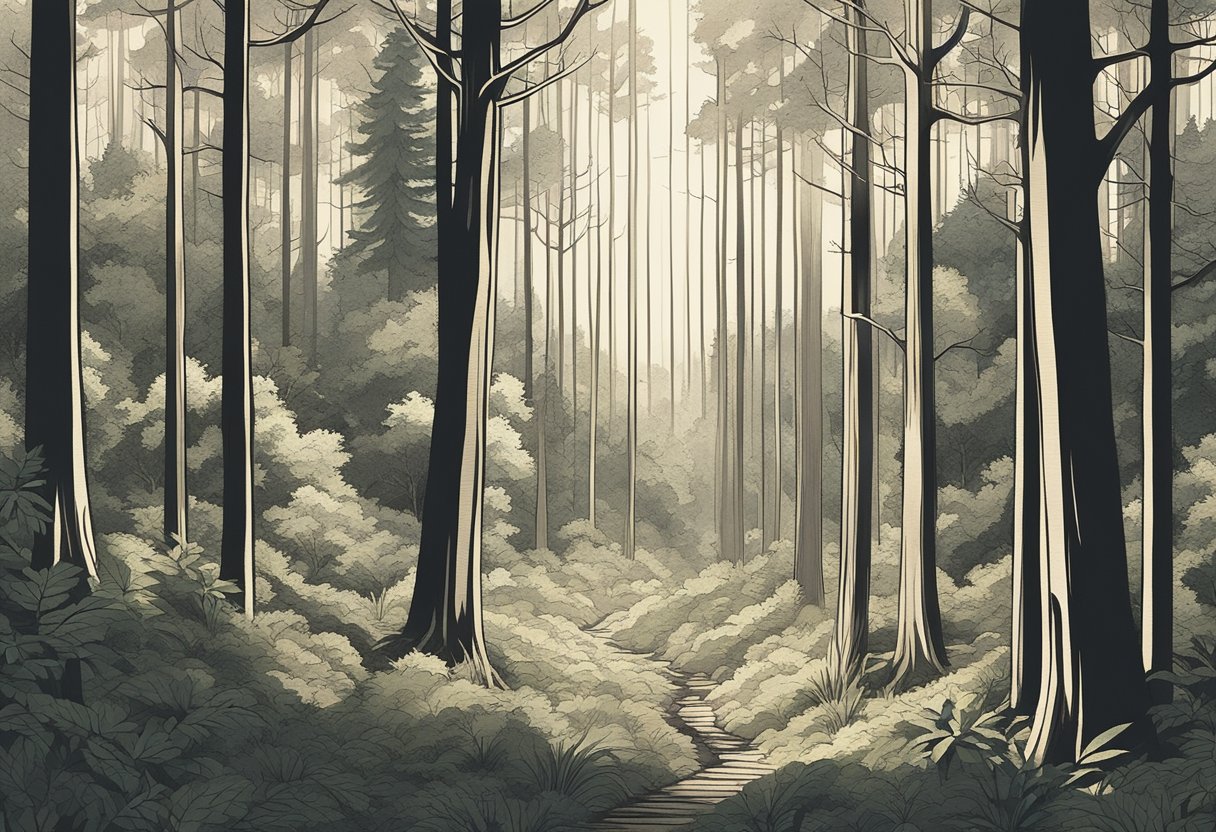A serene forest clearing with soft sunlight filtering through the trees, surrounded by earthy tones and gentle sounds of nature