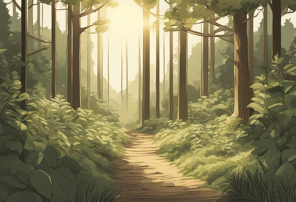 A peaceful forest clearing with soft sunlight filtering through the leaves, surrounded by earthy tones and natural elements
