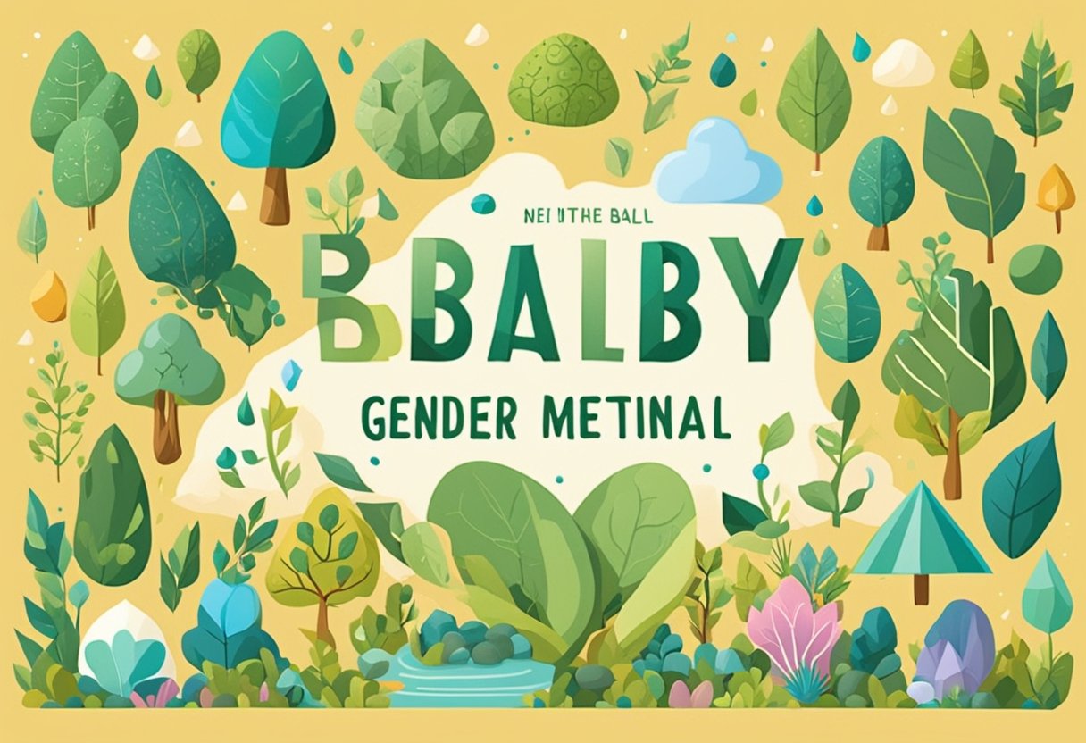 A colorful array of nature-inspired objects and symbols, such as leaves, rocks, and raindrops, surround the words "Earthy Baby Names Gender Neutral" in bold, playful lettering