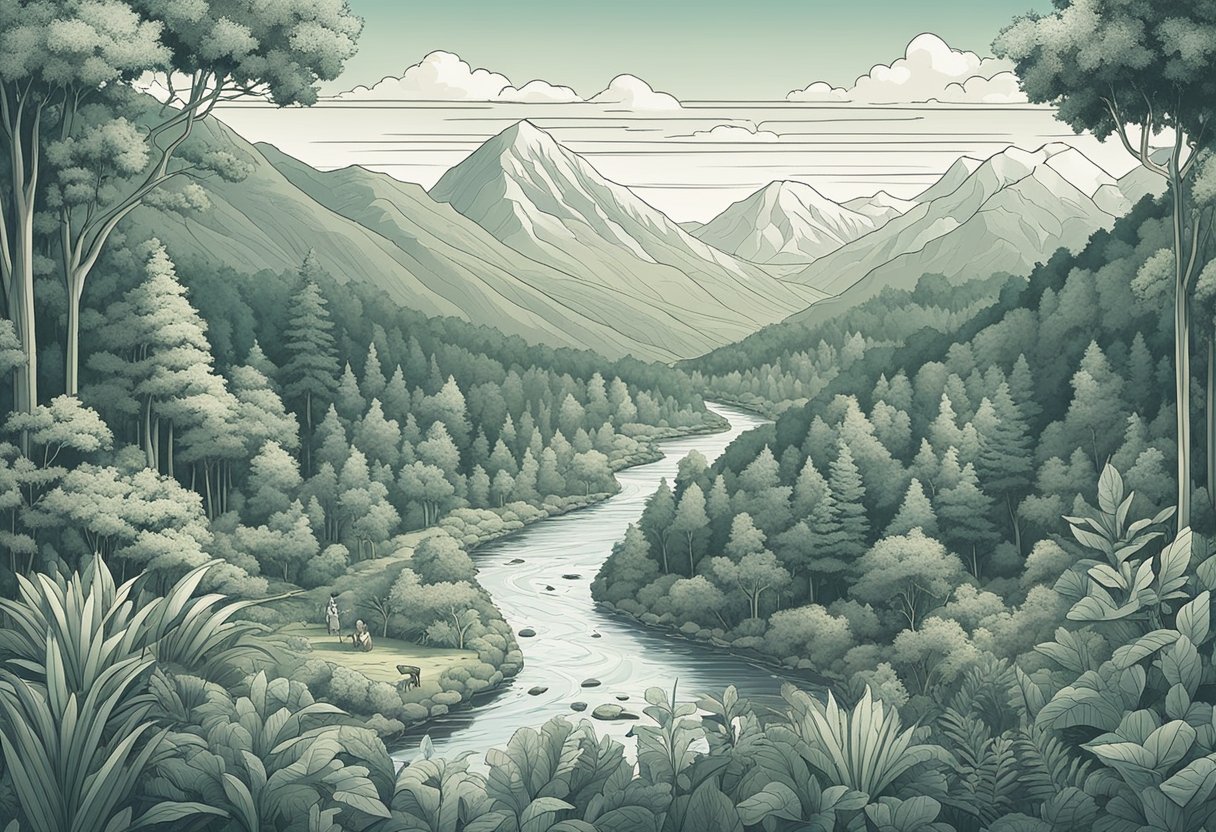 A lush forest with a variety of plants and animals, surrounded by a tranquil river and mountains in the distance