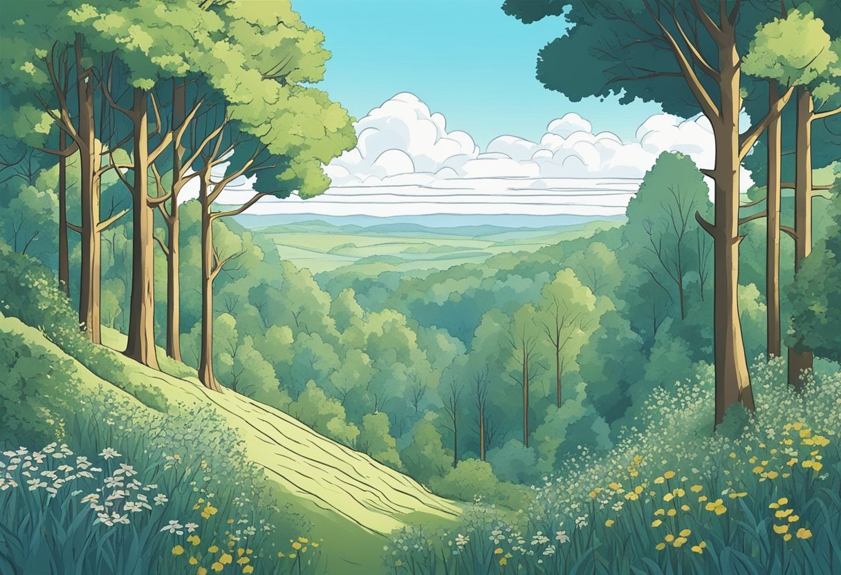 A serene forest clearing with wildflowers and a gentle breeze, surrounded by ancient trees and a clear blue sky