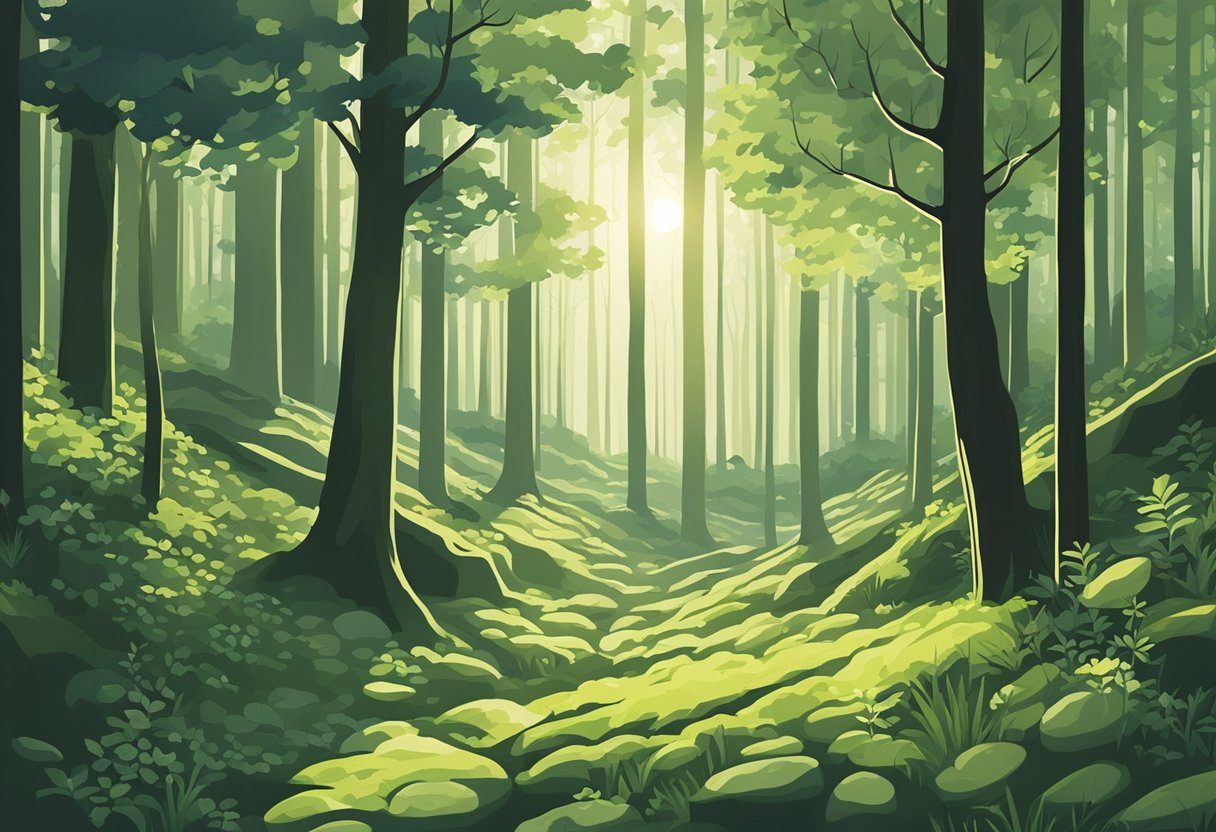 A serene forest clearing with sunlight filtering through the trees, casting dappled shadows on the ground. Wildflowers and moss cover the earth, creating a tranquil and natural atmosphere
