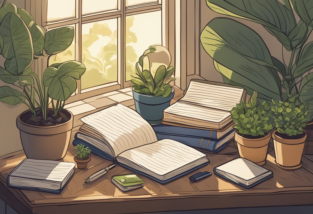 A cozy study with a notepad, pen, and a stack of baby name books. A globe and potted plants add an earthy touch