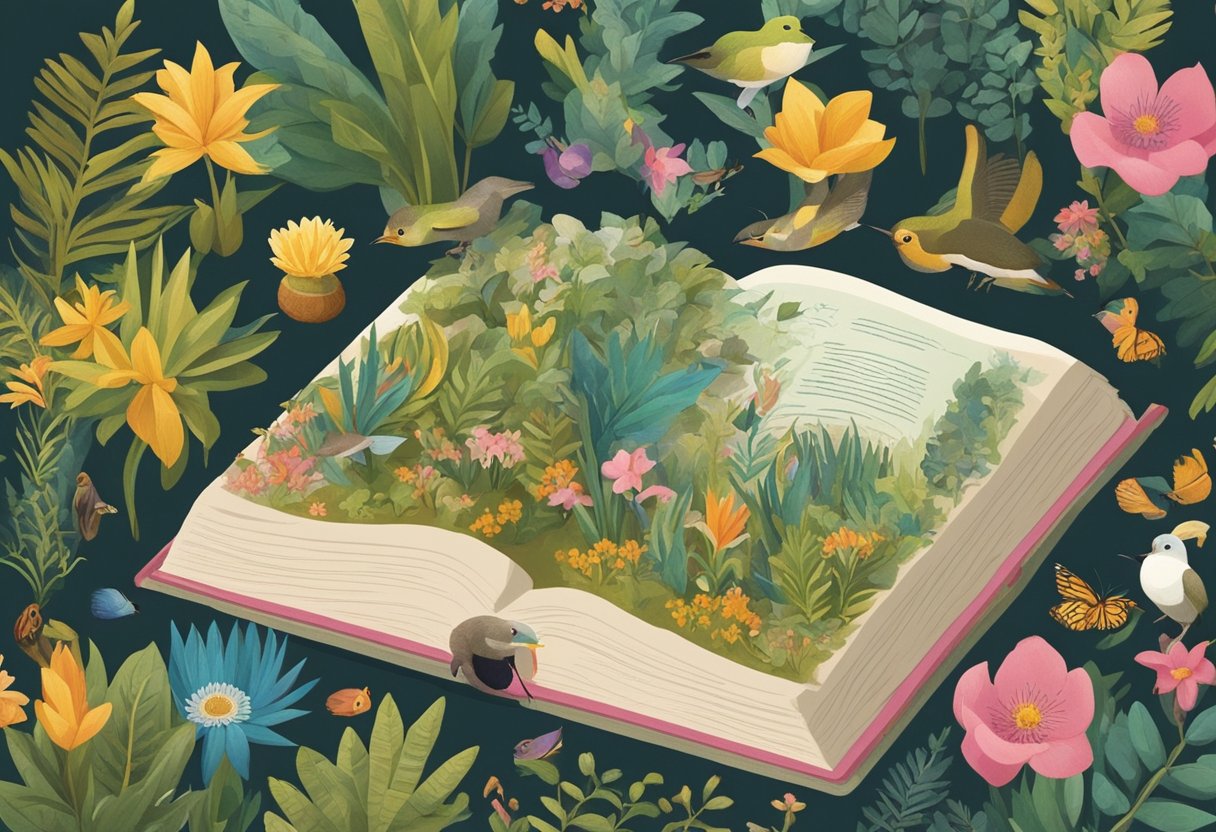 A colorful array of Ecuadorian flora and fauna surrounds a book filled with traditional baby names