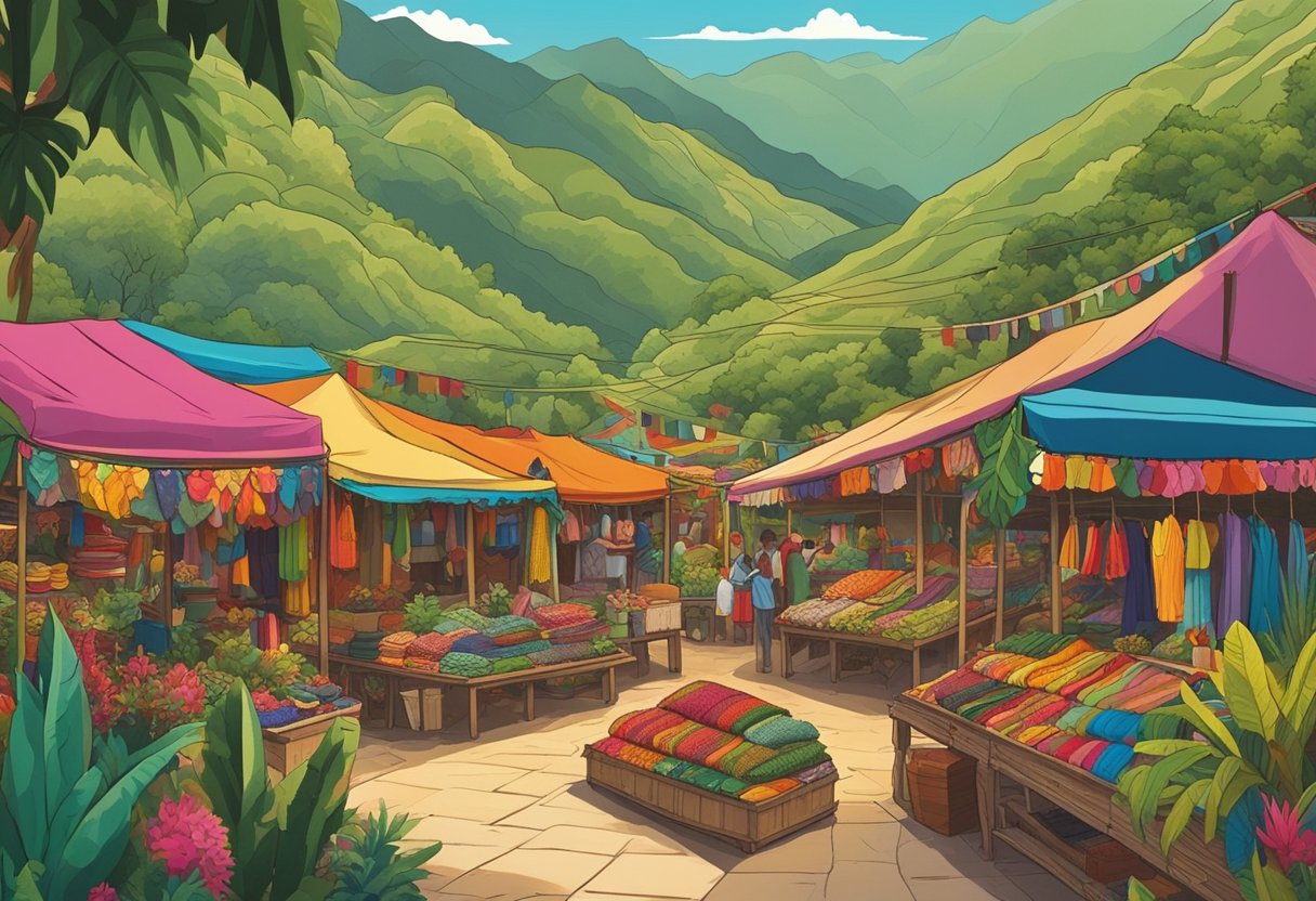 Lush tropical foliage surrounds a colorful market stall displaying traditional Ecuadorian crafts and textiles. A mountainous landscape looms in the background
