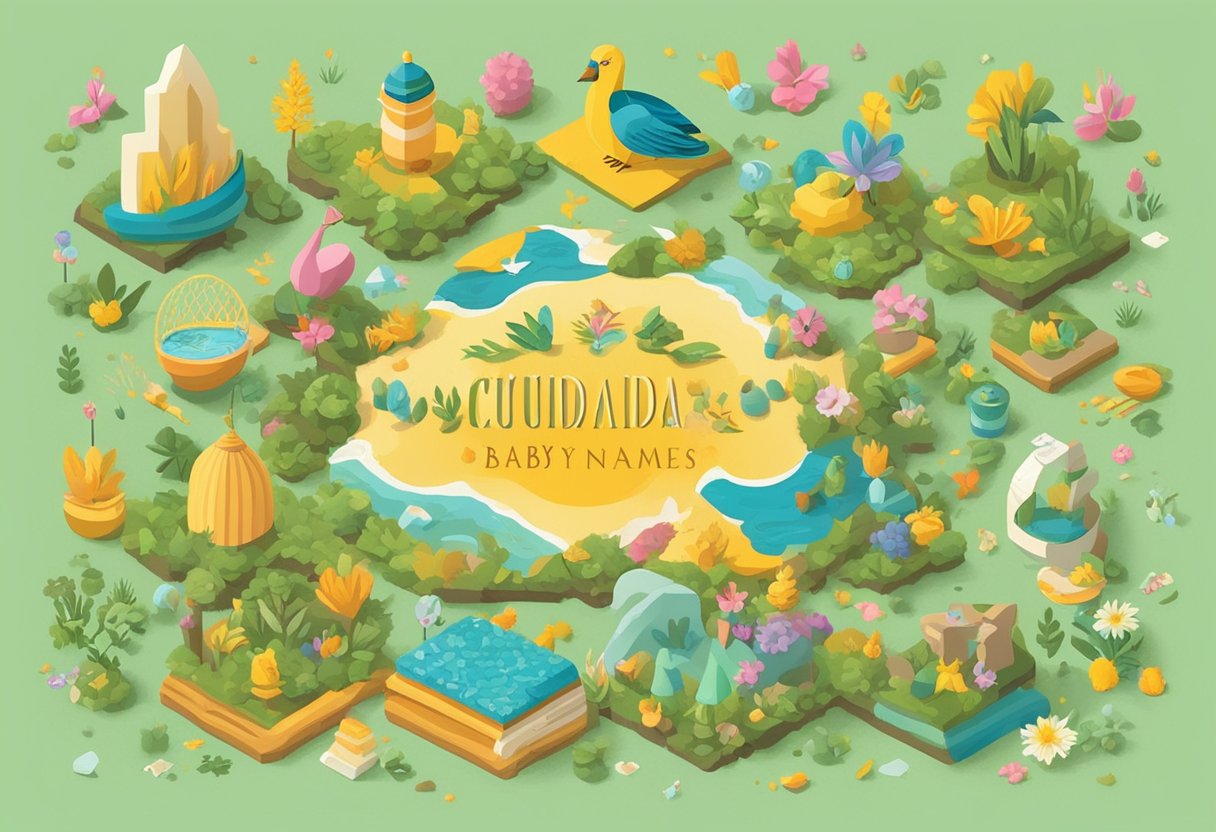 A colorful array of Ecuadorian symbols and nature elements surround the words "Tips For Brainstorming The Perfect Name: Ecuadorian Baby Names."