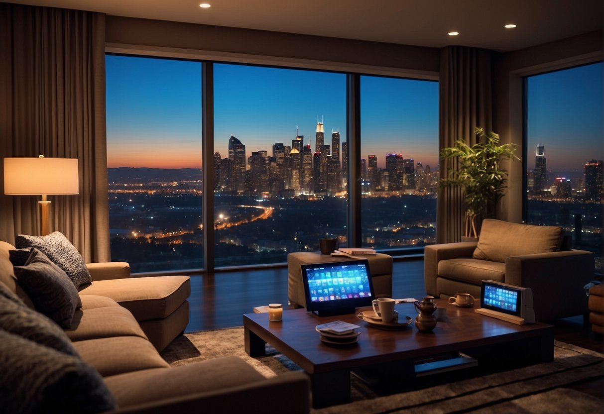 Smart devices control lights, thermostat, and music in a modern living room. Curtains open to reveal a view of the city skyline