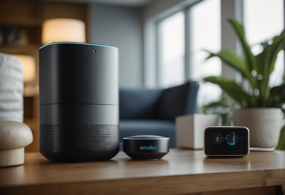 A smart speaker controls lights, thermostat, and security cameras in a modern living room