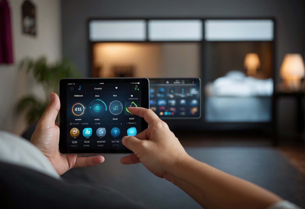 A hand reaches out to adjust a sleek control panel, while a smartphone displays the home automation app with various settings and options