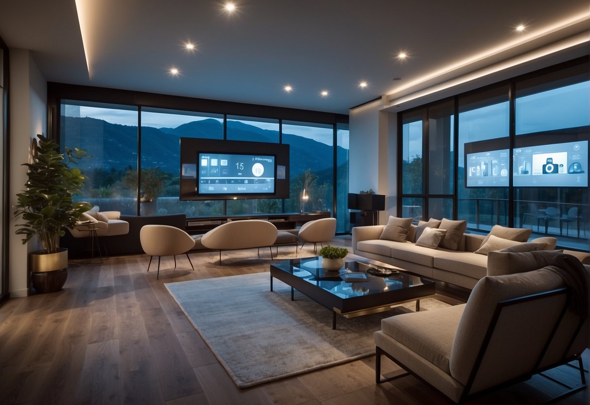 A modern home with interconnected devices: smart lights, thermostats, and security cameras. A central hub controls the ecosystem, with branded logos visible