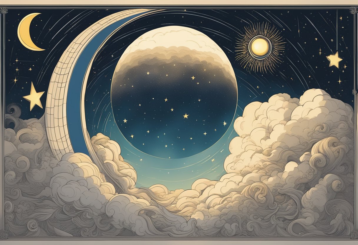 A glowing sun and moon overlap, surrounded by stars. A brainstorming cloud floats above, with words like "eclipse" and "baby names" swirling around