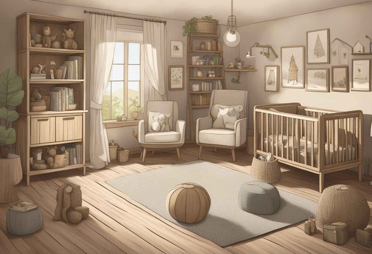A rustic, earthy nursery with vintage toys and books. A soft, muted color palette with natural textures and eco-friendly accents