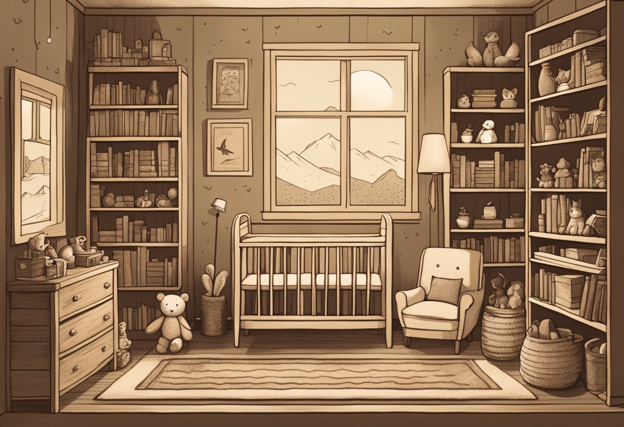 A cozy, rustic nursery with shelves of old books and vintage toys. Soft, earthy colors and natural materials give a warm, nostalgic feel