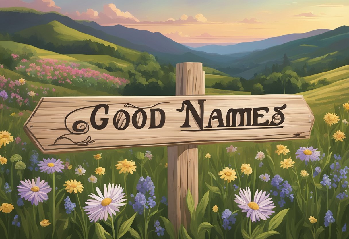 A rustic wooden sign with "Good Names eco vintage baby names" displayed in whimsical lettering, surrounded by blooming wildflowers and nestled against a backdrop of rolling hills