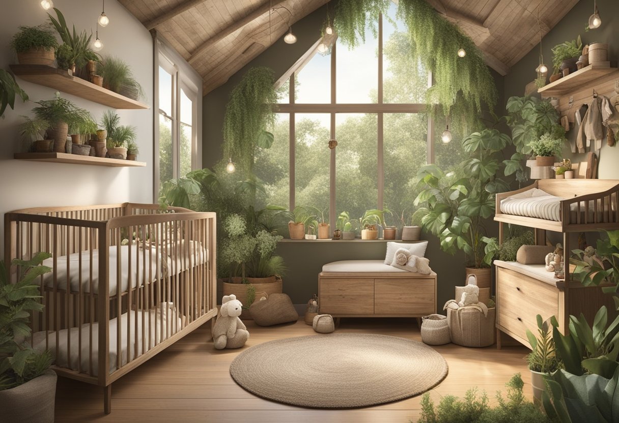 A rustic, earthy nursery with vintage baby items, surrounded by lush greenery and natural materials