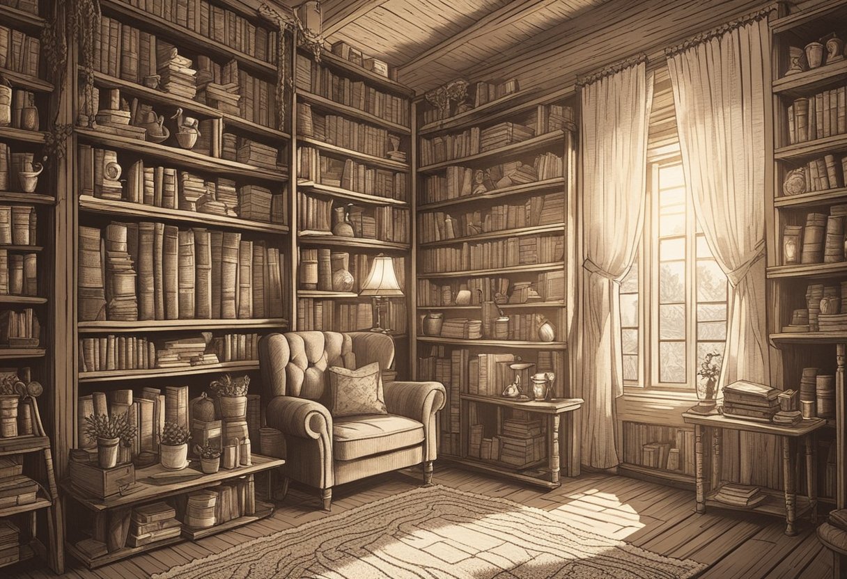 A cozy, rustic room with shelves of old books and vintage trinkets. A soft, warm light filters through lace curtains, creating a nostalgic atmosphere