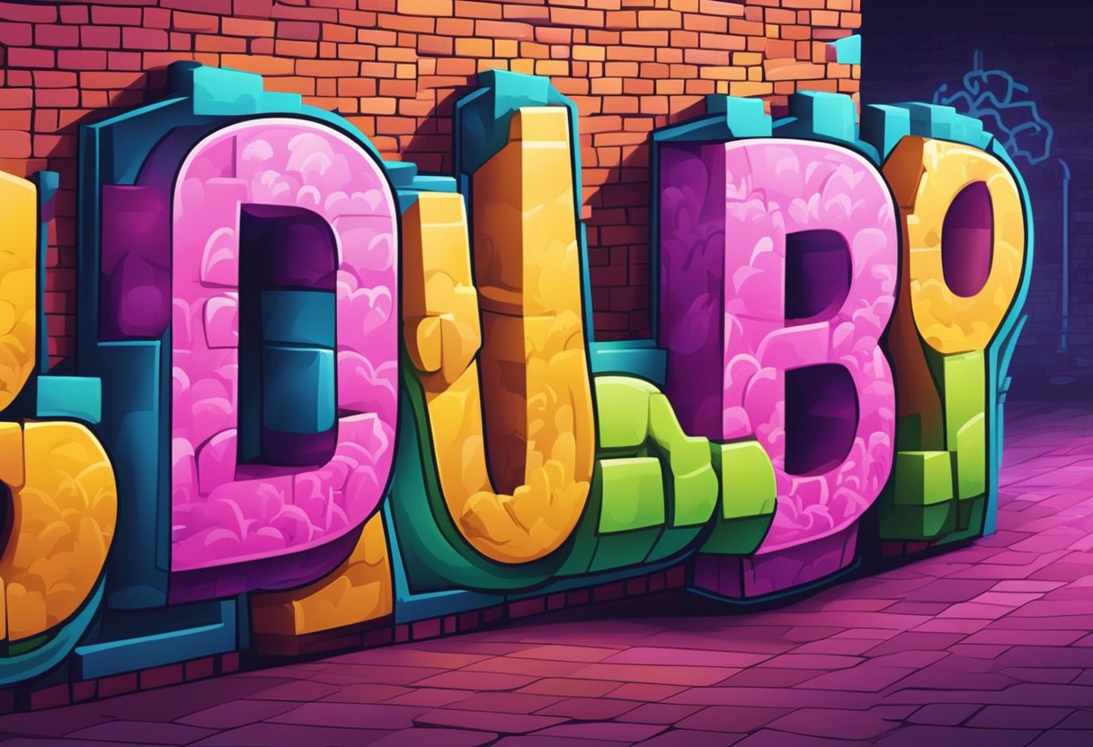 A graffiti-covered brick wall with bold, neon-colored lettering spelling out edgy baby girl names