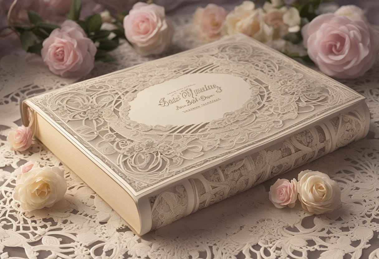 An ornate book of Edwardian baby names rests on a lace doily, surrounded by vintage toys and delicate floral patterns