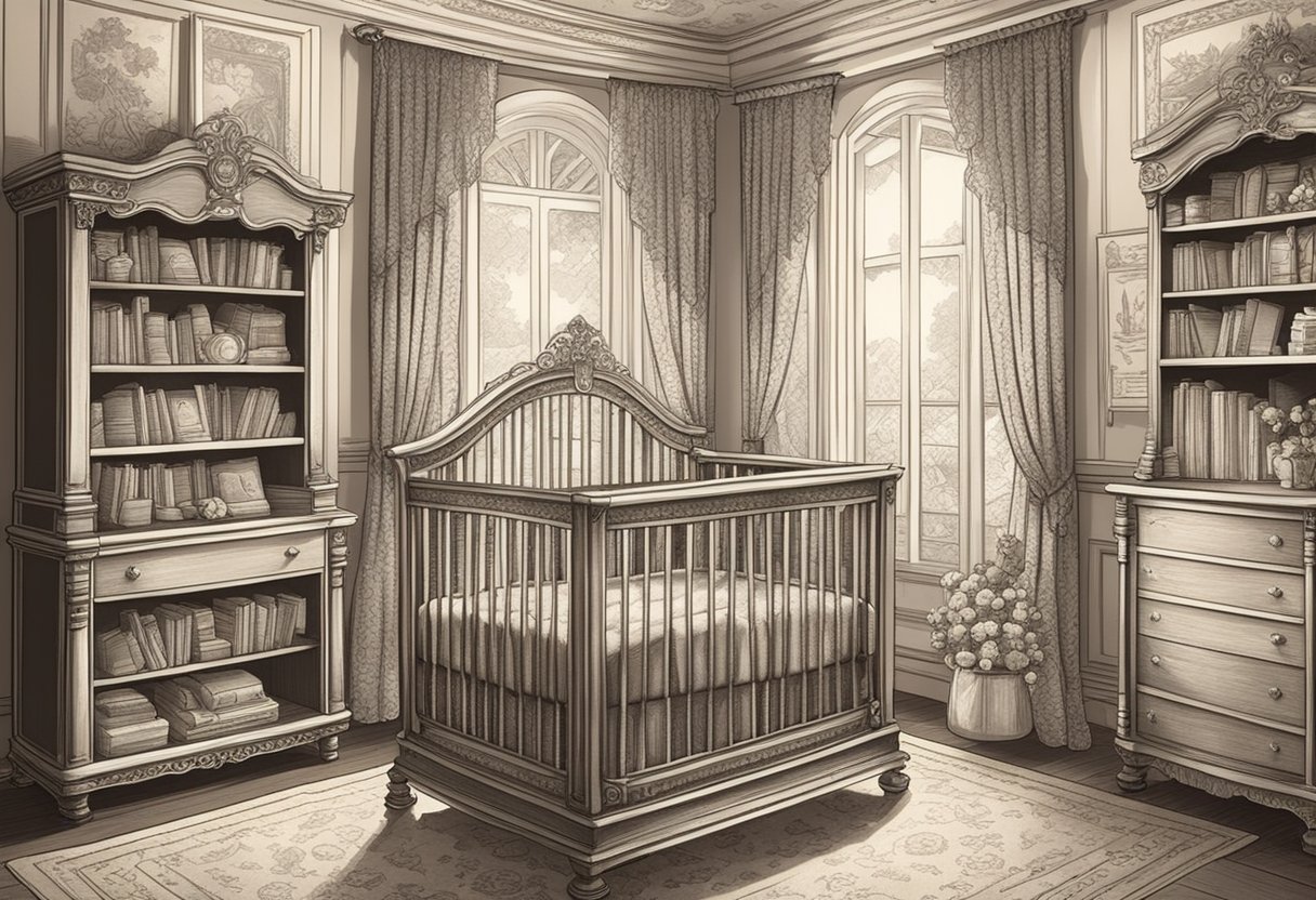 A vintage nursery with ornate cribs and lace curtains, surrounded by shelves of antique baby name books