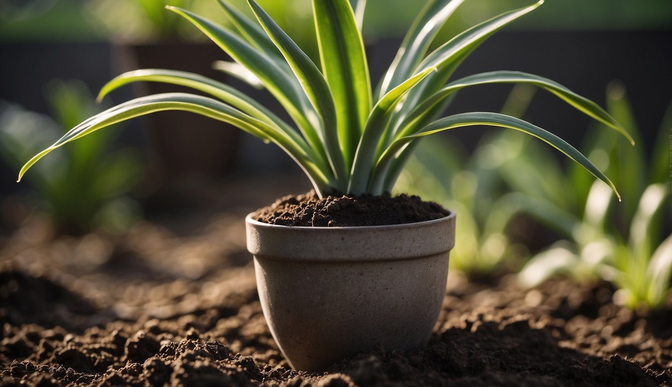 A snake plant is being planted in a pot with well-draining soil, with its roots spread out and covered with more soil