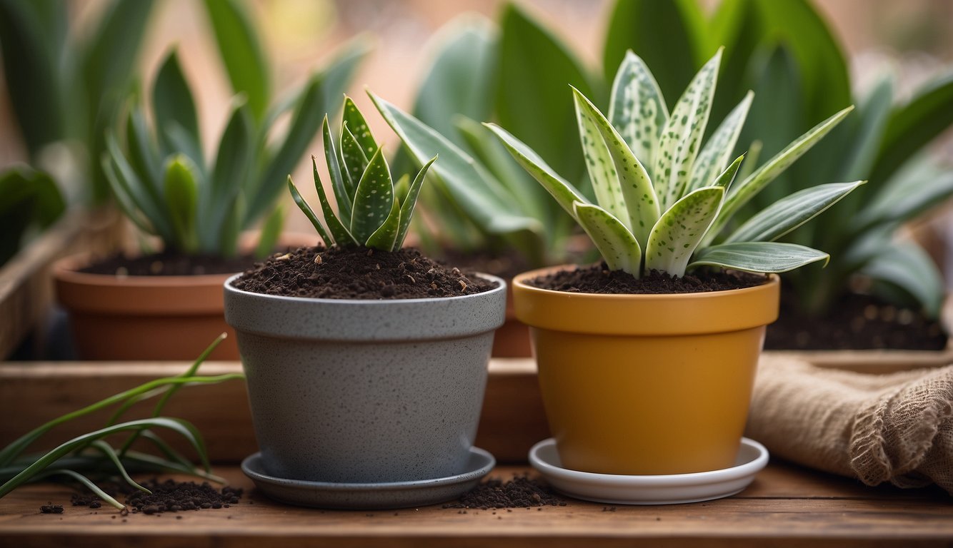 A pair of gardening gloves holds a healthy snake plant cutting above a pot of soil, ready for planting