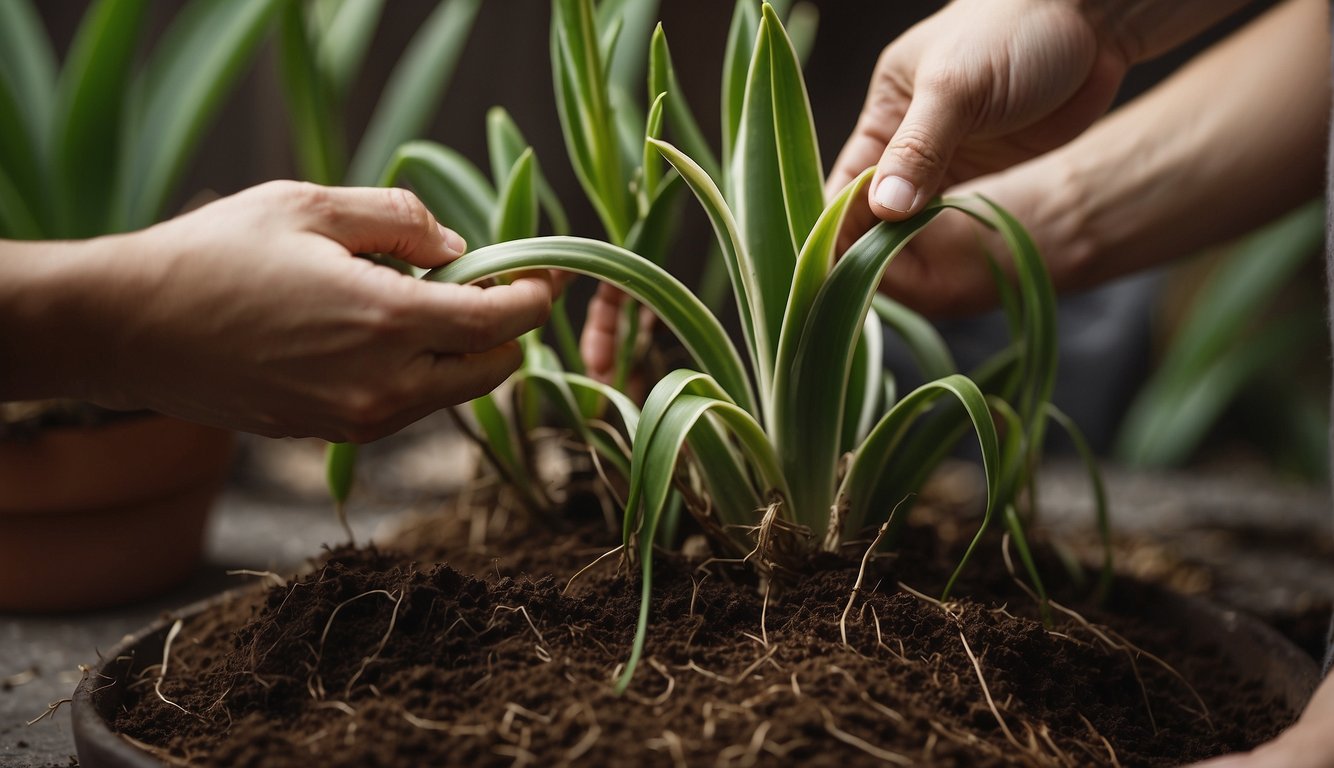 A pair of hands carefully untangle the roots of a snake plant, removing any rot or pests. A small pot of fresh soil sits nearby, ready to receive the healthy roots