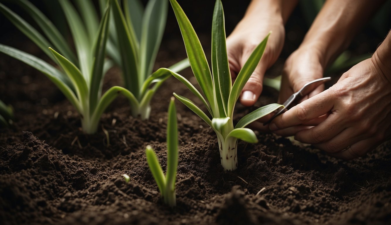 A pair of hands holding a sharp knife, carefully dividing the snake plant's roots, while another set of hands gently repots the divided sections into fresh soil